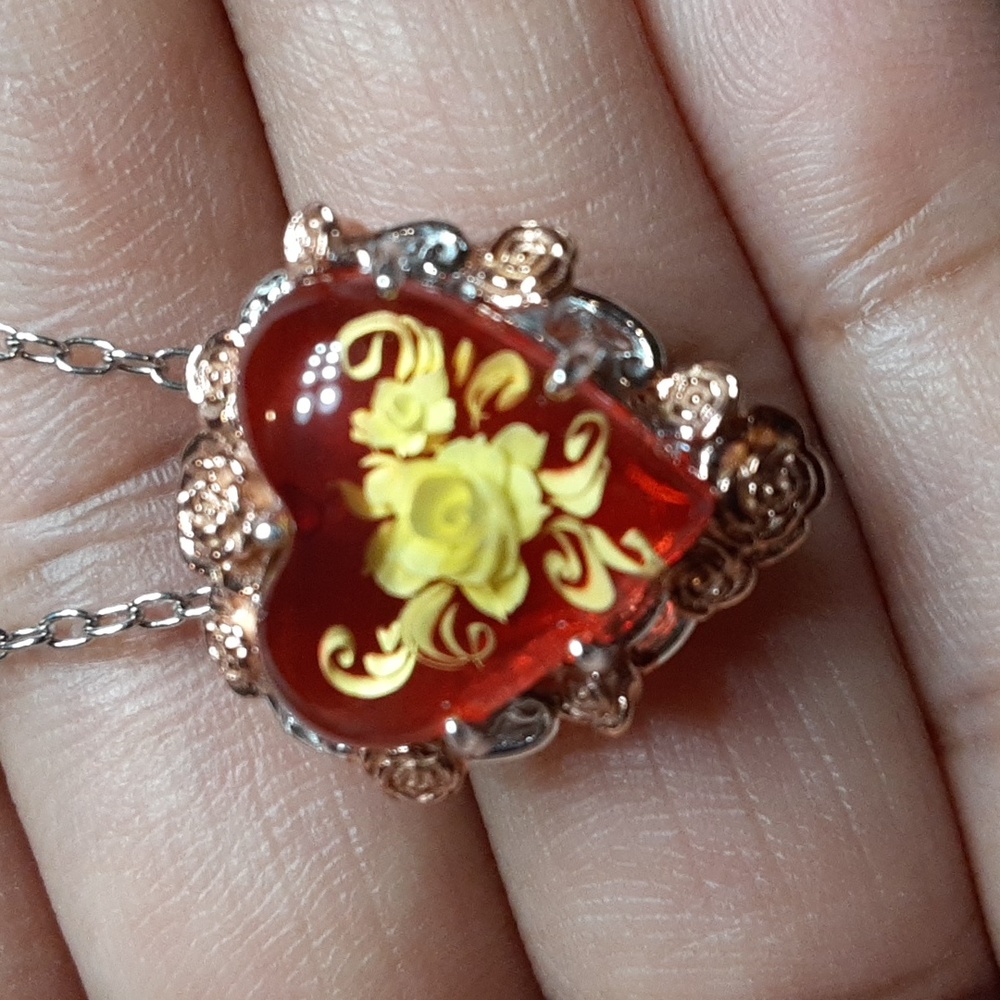 925 Hand Carved Red Amber Intaglio Rose & Chain. FIRM.